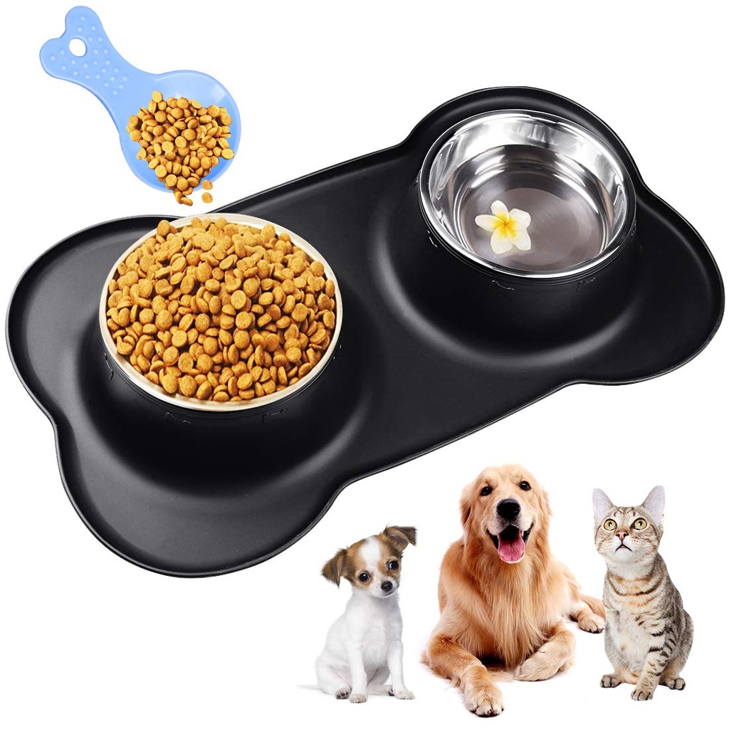 Double Dog Bowls Medium 700ml/Bowl Non Slip, with Silicon Tray Mats - Stainless Steel Pet W