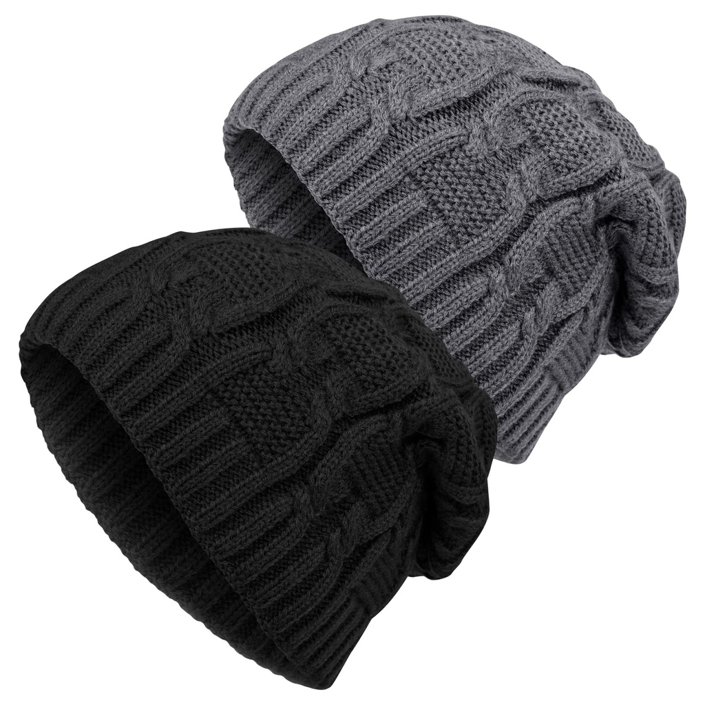 YSense Beau Beanie Hat Black and White, 2 Pack Women Winter Knitted Double Layer Lovely Bob