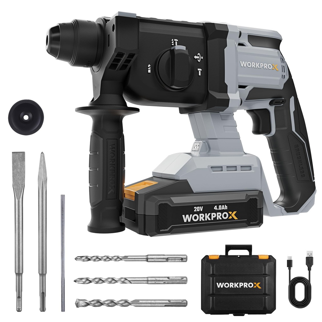 WORKPROX 20V Cordless Hammer Drill, 2.0J Brushless SDS Drill with 4 Functions, 4.0Ah Batter