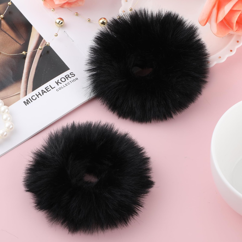 Lusofie 2Pcs Yellow Pompom Hair Tie, Furry Faux Rabbit Fur Fuzzy Scrunchies,Yellow Fuzzy Ha