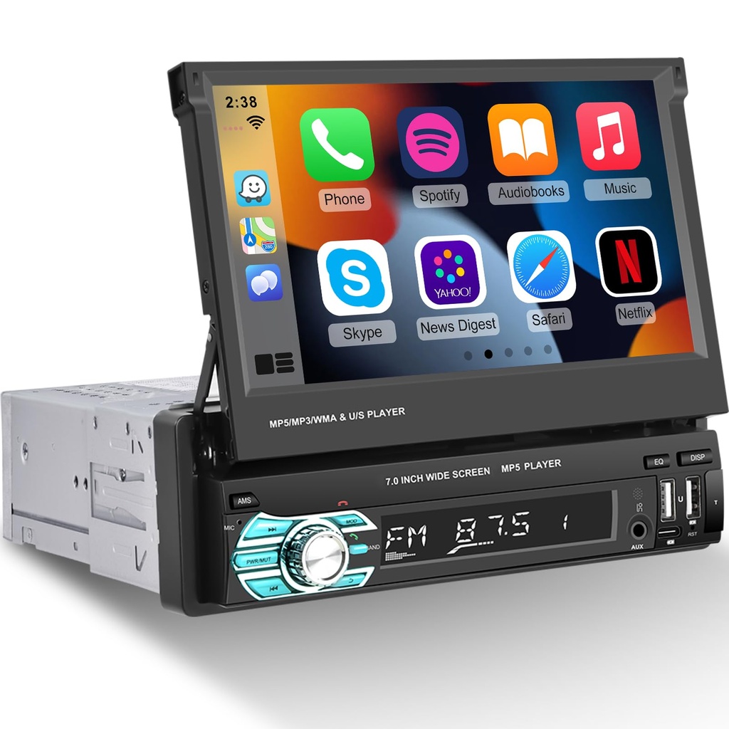 Single Din Flip Out Screen Car Stereo with Wireless Carplay and Android Auto, 7 inch 1 Din