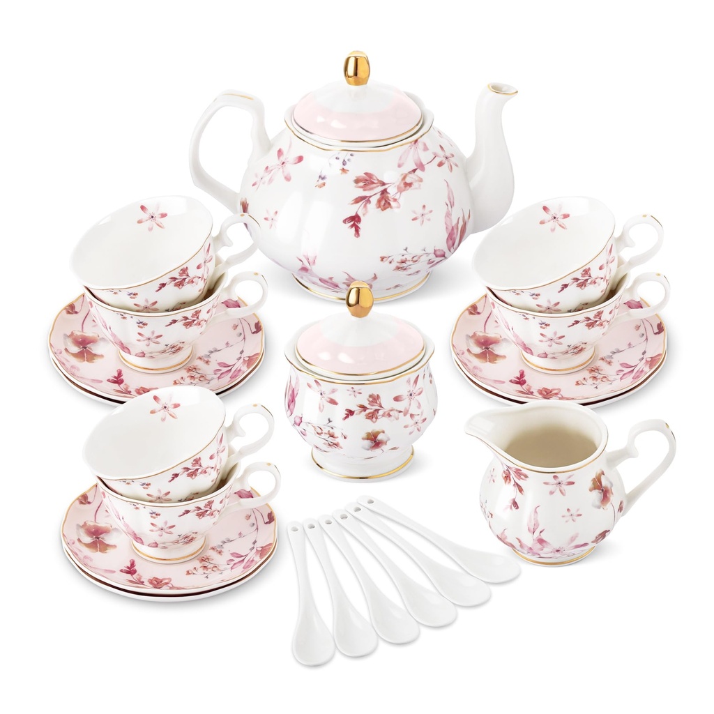 fanquare 21 Pieces Pink Leaves Bone China Tea Set, Porcelain British Coffee Cup and Saucer