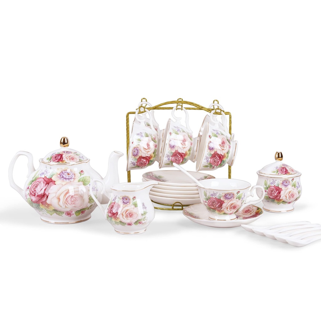 fanquare 15 Pieces Porcelain Tea Set Service, Blue Floral Afternoon Tea Set, British Coffee