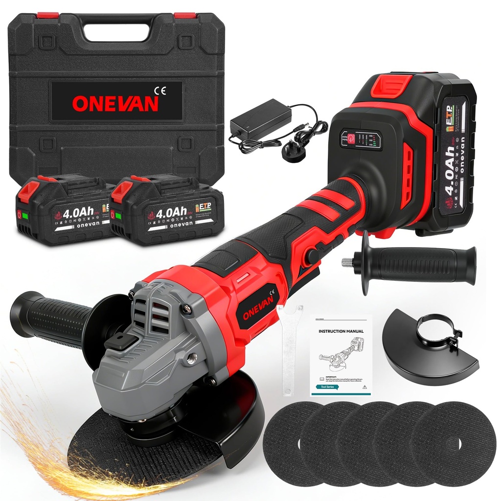 Cordless Angle Grinder - 125mm (5In) Brushless Battery Angle Grinders, 3 Speeds, with 2 x 4