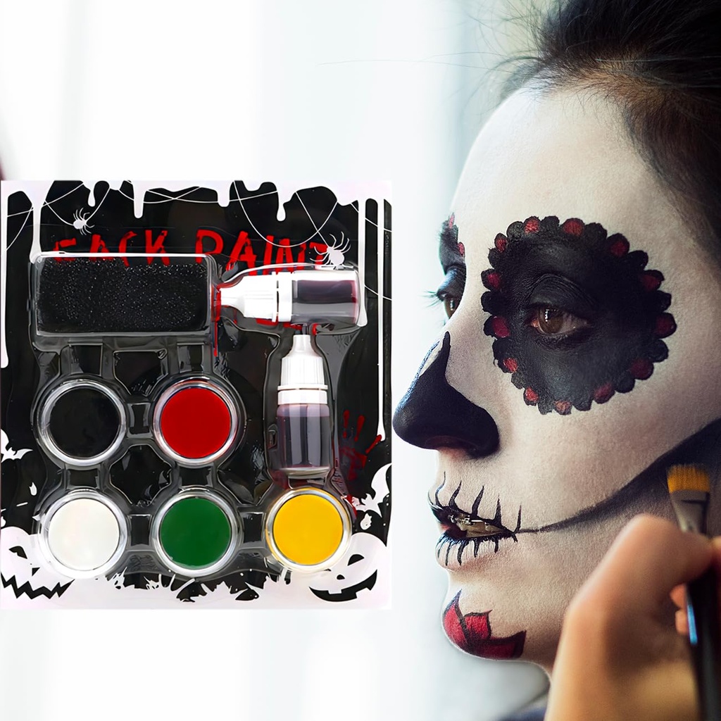 Halloween Makeup Set, Black + White + Red + Yellow + Green Face & Body Paint, Washable Fake