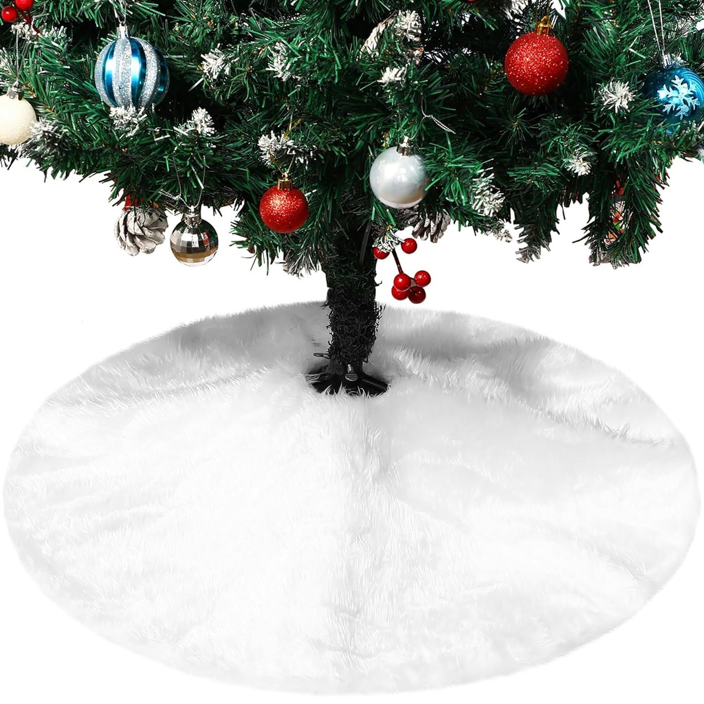 Plush Christmas Tree Skirt, 150 cm White Faux Fur Christmas Tree Skirt Round Christmas Tree
