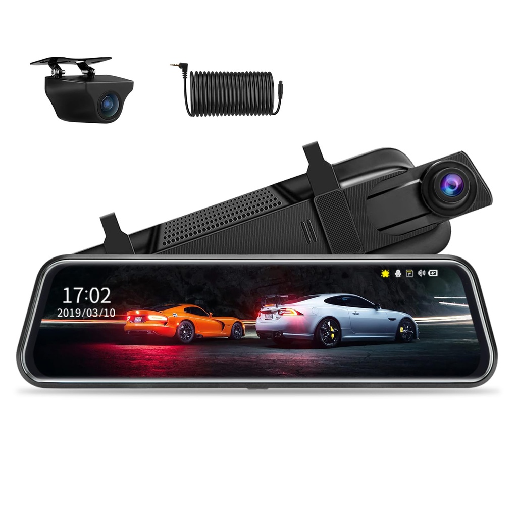 Upgraded 10 Inch Mirror Dash Cam Night Vision 1080P Full Touch Screen Dual Dash
