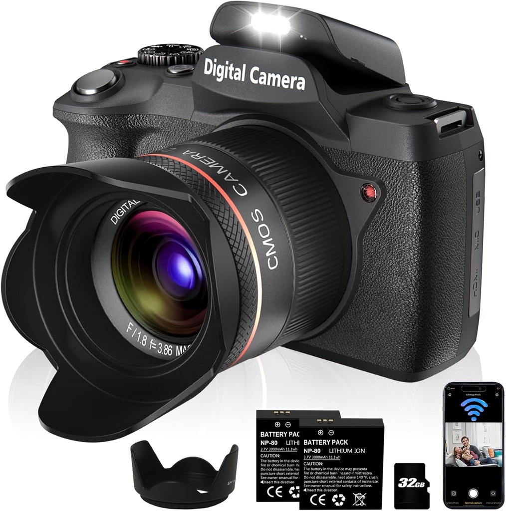 Digital Camera, 5K 64MP WiFi Cameras for Photography with Dual-Lens and Lens Hood, 32GB Card