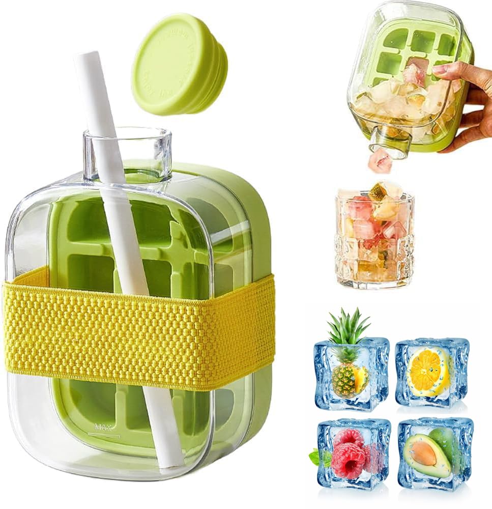 Innovative Patented 2 in 1 Portable Ice Cube Mold Bottle with Lid and Bin No Touch No Spill