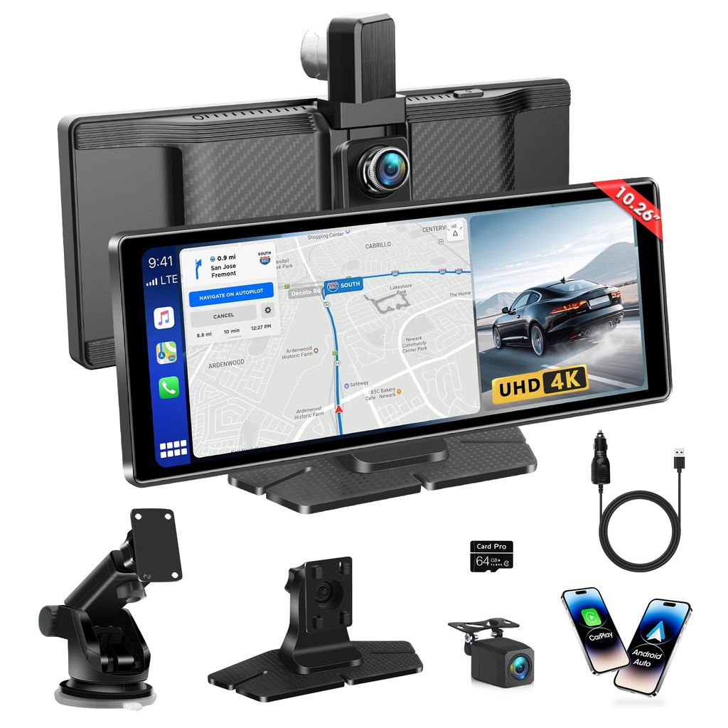 10.26" Carplay Screen for Car Tablet Pro Max 2025 with 4K 350, Rotatable Front and 1080P 