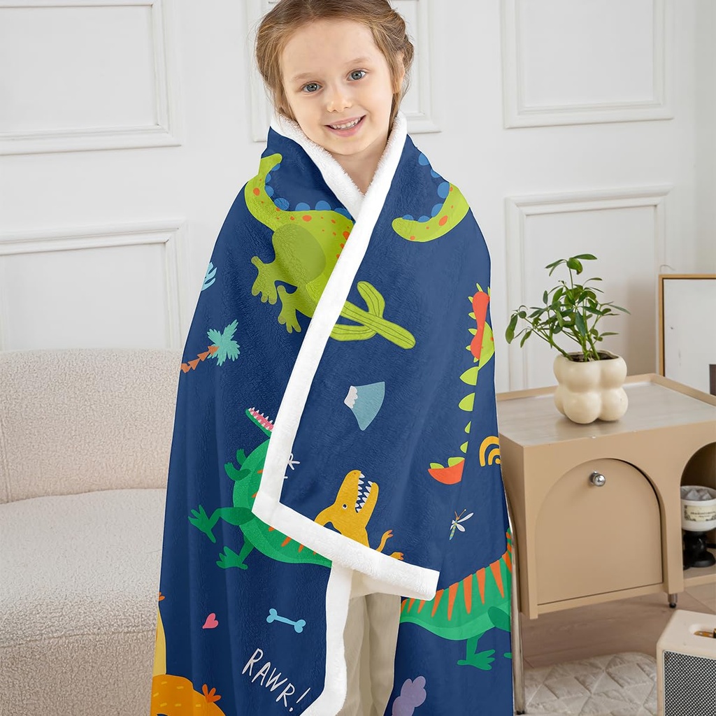 Loussiesd Kids Dinosaur Sherpa Blanket Cartoon Dinosaur Printed Fleece Throw Blanket for C
