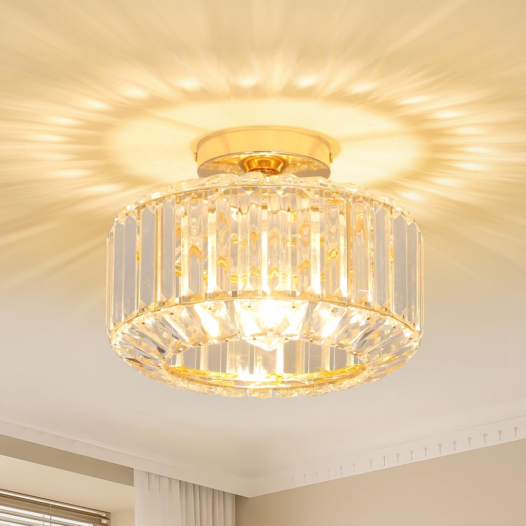 Rayofly Modern Crystal Chandeliers, Gold Ceiling Light Fitting with Glass Lampshade, Semi F