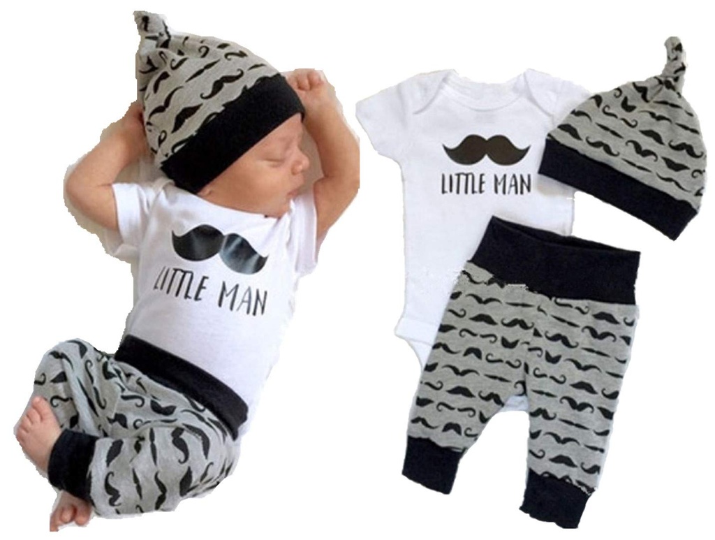 Juflam Newborn Baby Boy Clothes Little Man Top Romper + Pants Legging+ Hat 3Pcs Outfit Set