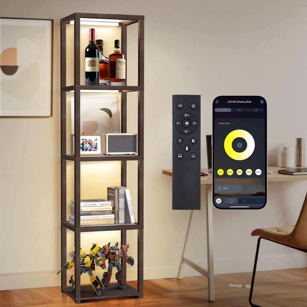 OUTON 67" Glass Display Shelf with Dimmable LED Floor Lamp, Collectibles Display Cabinet