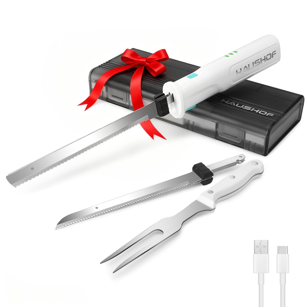 HAUSHOF Cordless Electric Carving Knife Set - 8V Rechargeable with 2 Stainless Steel Blades