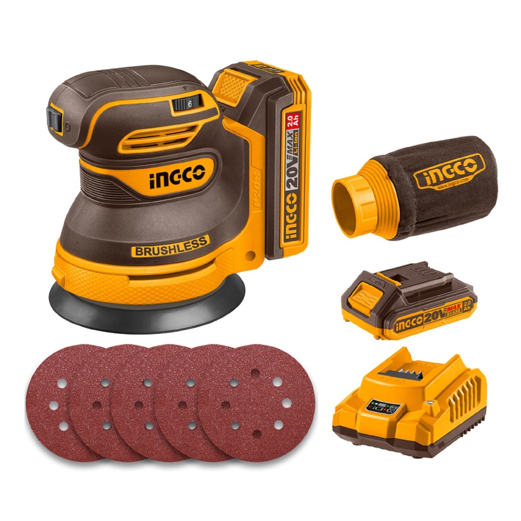 INGCO 20V Cordless Random Orbit Sander 125mm, Brushless Motor, 6 Variable Speeds, Electric