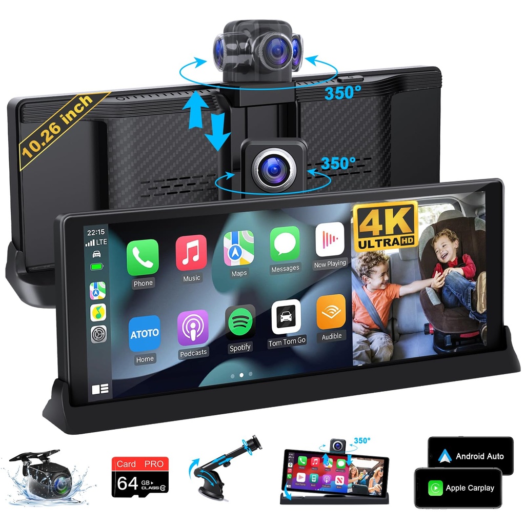 4K Apple Carplay Screen 10.26'' Car Play Screen 350?? Rotatable Front Lens Wireless Carplay