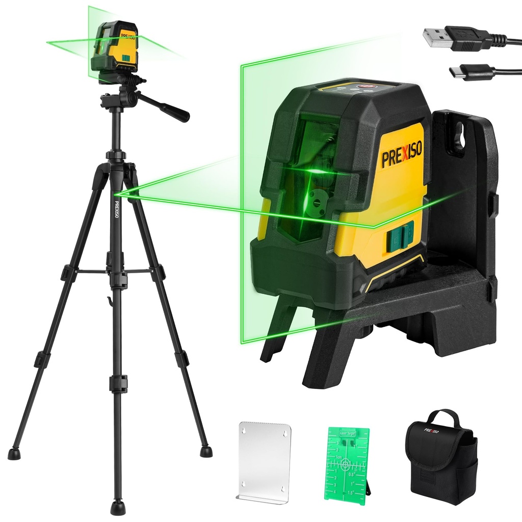 PREXISO Laser Level with Tripod, 30m Rechargeable Self Leveling Cross Line Green, Horizontal