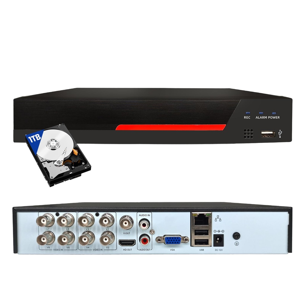 8 Channel Hybrid Security DVR Recorder with 1TB HDD, 5MP H.265+ Surveillance Video Recorder