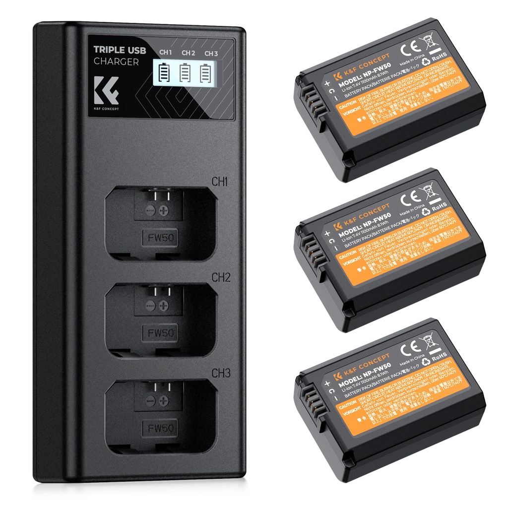K&F CONCEPT 3-Pack NP-FW50 Battery and Triple Slot Charger Set, Compatible with Sony A6400