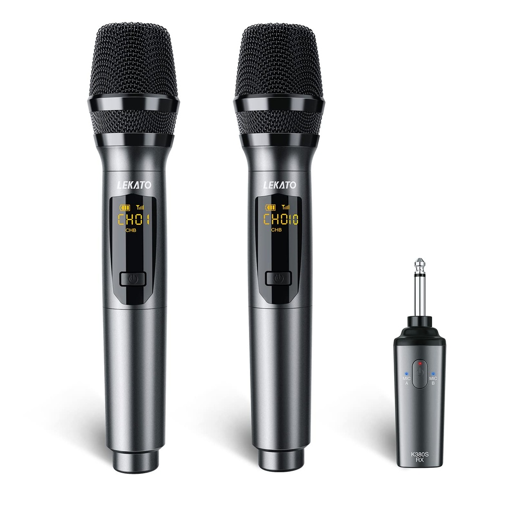 LEKATO 2.4GHz Wireless Microphones,Metal Singing Microphone,Rechargeable Dual Handheld Cord