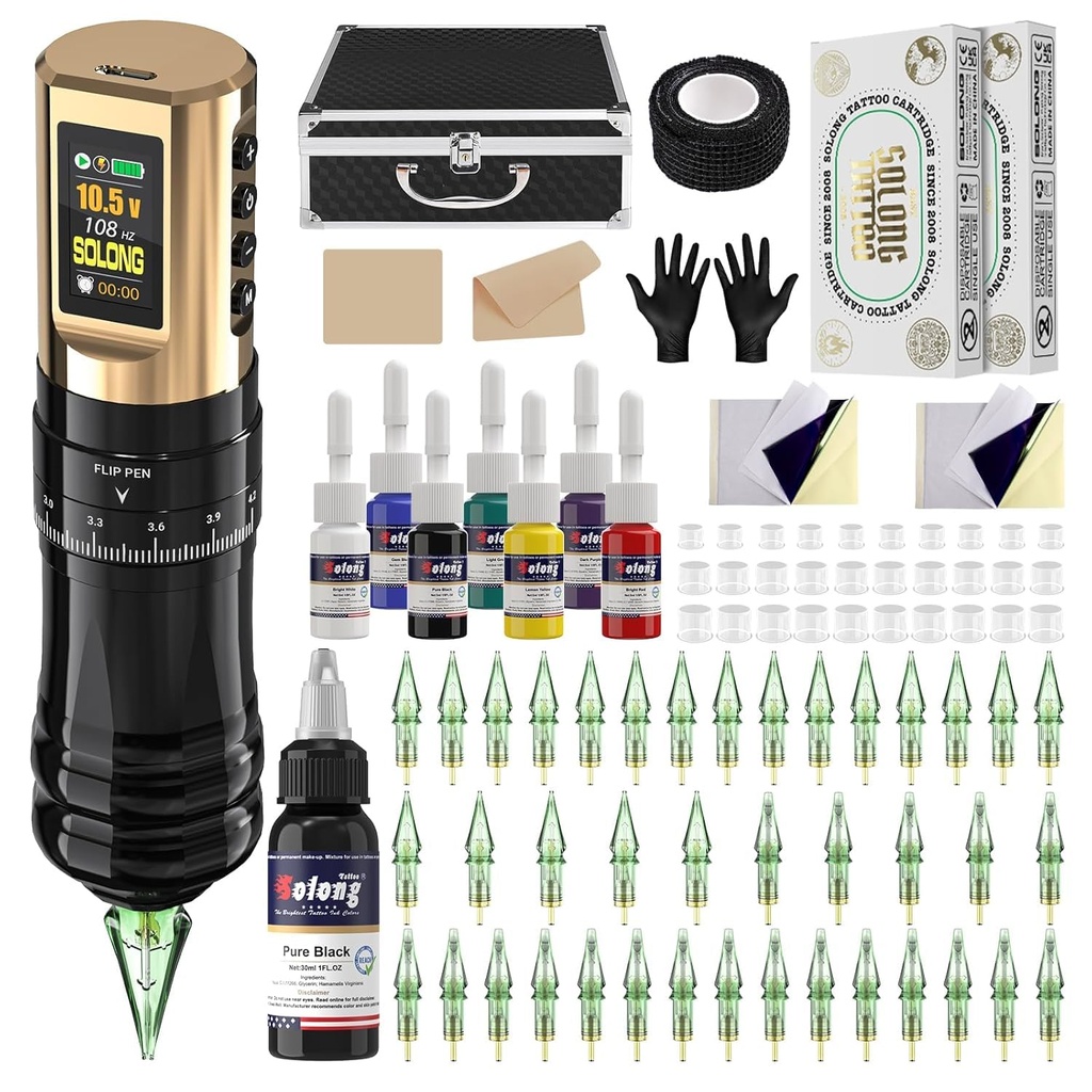Solong Tattoo Kit Wireless Tattoo Machine with 7 Adjustable Stroke Tattoo Gun Kit for Begin