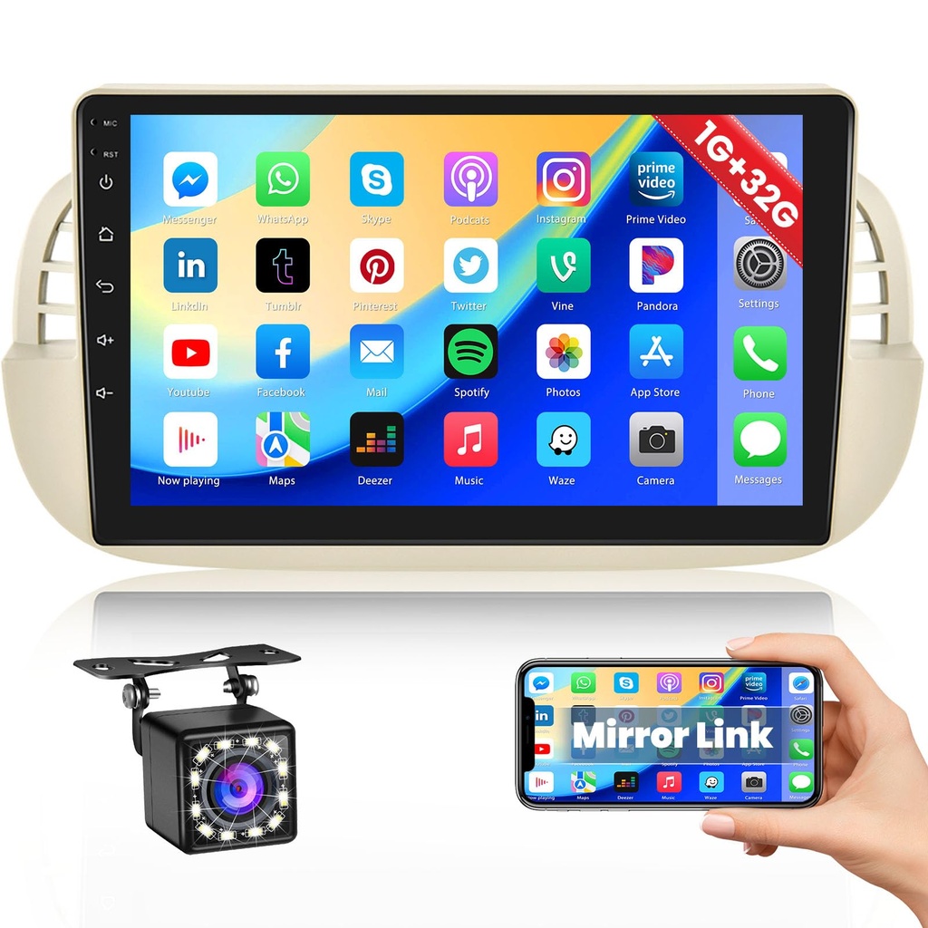 Android Car Stereo for Jeep Fiat 500 2007-2015 Wireless Carplay Android Auto, 9 Inch Touch