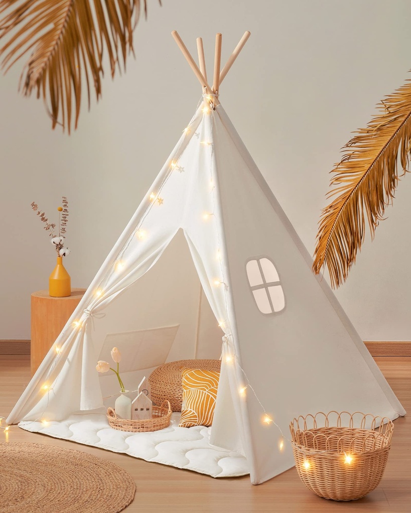 Tiny Land Teepee Tent with Padded Mat, Light String & Carry Case - Kids Foldable Play Tent