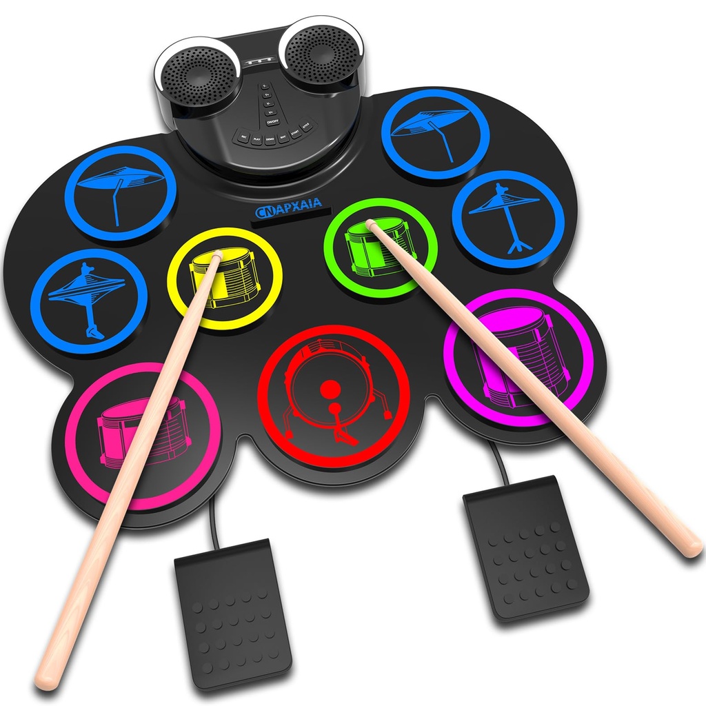 CNAPXAIA Electric Drum Kit, 9 Pads Silicone Kids Drum Set with Dual Speakers, Support Headp