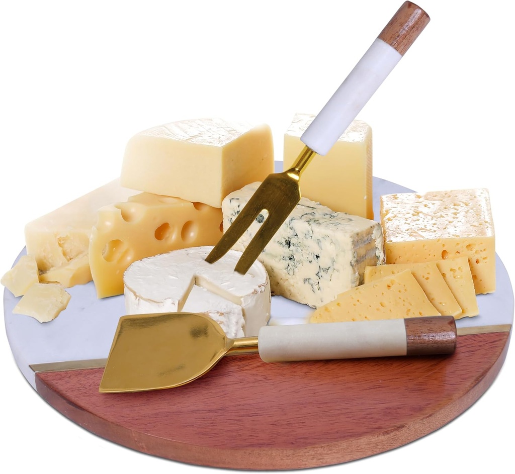 Luxe Designs Wood and Marble Cheese Knives and Board Set, 12" Round Charcuterie Board