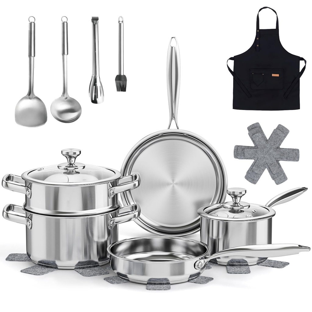 16-Piece Stainless Steel Saucepan Set, Induction Pots and Pans Set with Steamer & Glass Lid