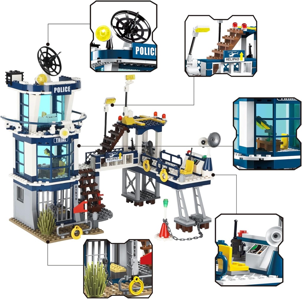 City Police Station STEM Building Sets, Compatible with Lego Military Helicopter Airplane,Boats Ship, Swat Team