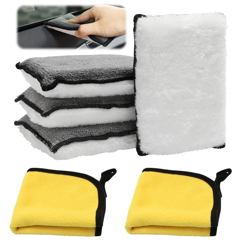 TENTHPEO 4 Pcs Car Cleaning Sponge Set with 2 Plush Coral Fleece Towels, Scrubber Detailing