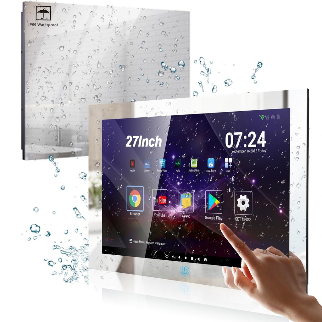 Haocrown 27 inch Touchscreen Smart Bathroom Mirror TV 1080P Screen Brighten Plus IP66 Water