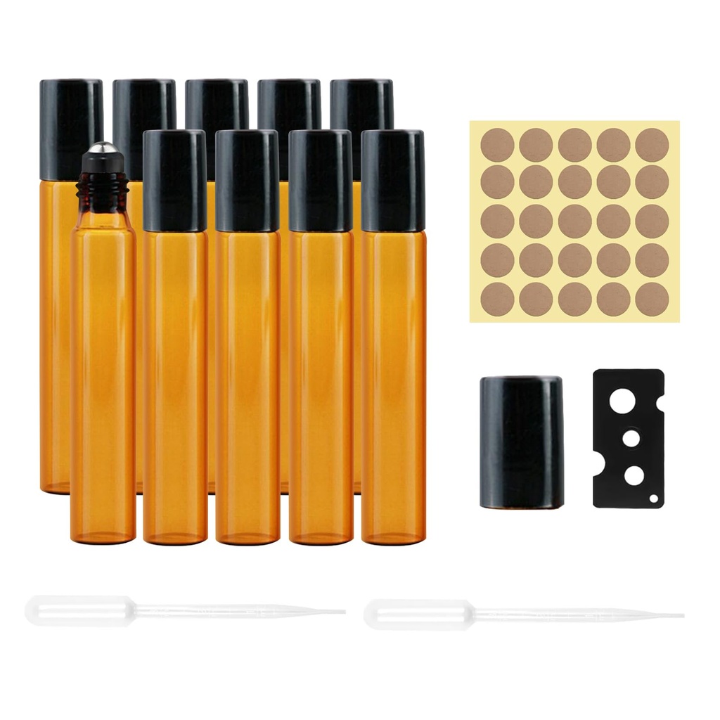 YHTCC 10 PCS Roller Ball Bottles for Essential Oils, Glass Roller Ball Bottle 10 ml, Amber