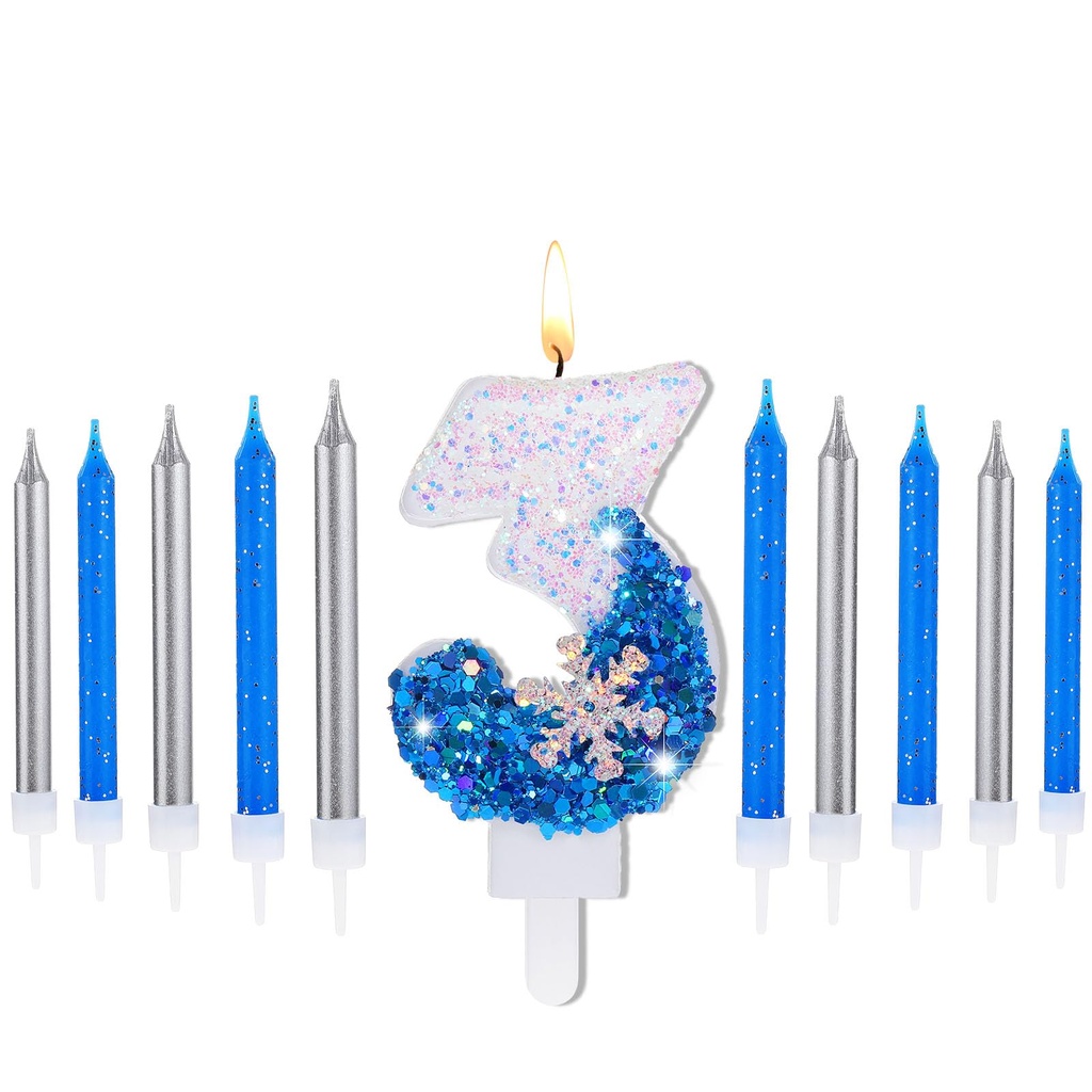 Herdear 2.8" Frozen Birthday Candles Snowflake Number Candles with 10 Pcs Long Thin Candle