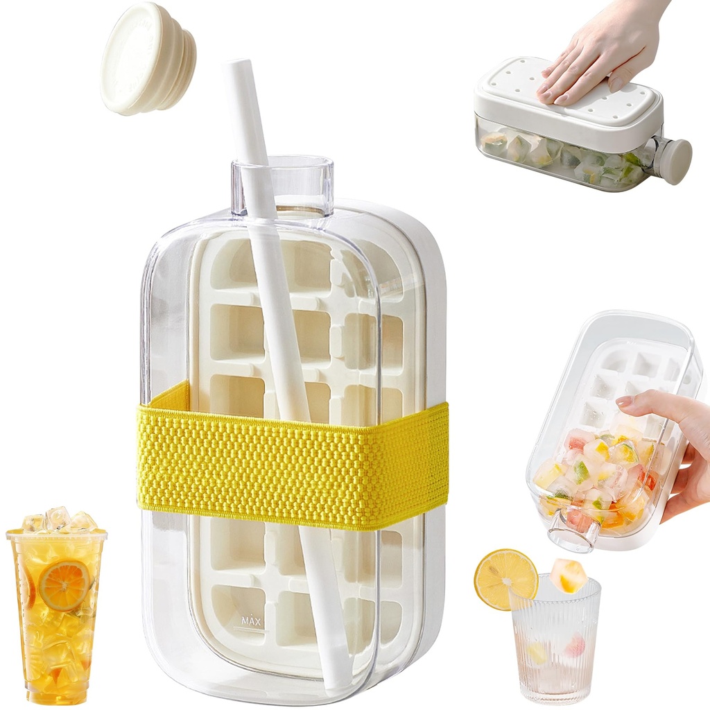 Innovative Patented 2 in 1 Portable Ice Cube Mold Bottle with Lid and Bin No Touch No Spil