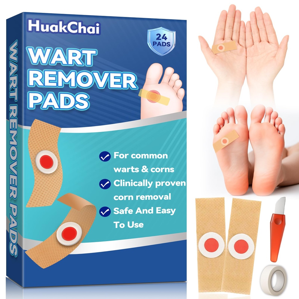 HuakChai Wart Remover Pads, 24 Pacs Verruca Treatment & Corn Removal Pads, Plantar Wart Rem