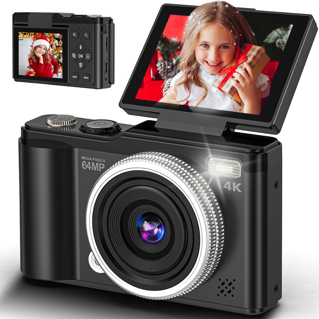 4K 64MP Digital Camera with 32GB TF Card, 180 Flip Screen Autofocus Camera with Macro Fun
