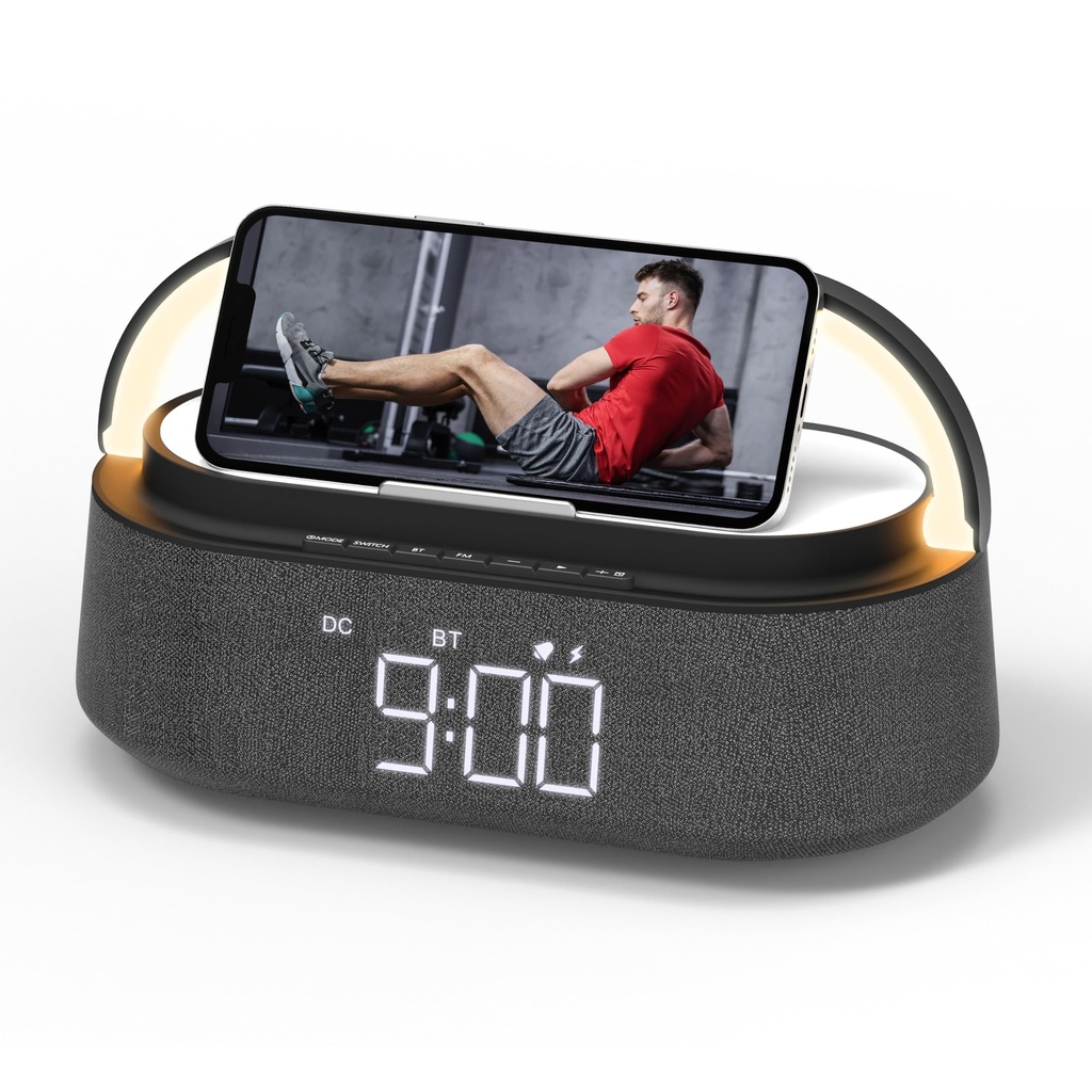FREEFISH Bluetooth Speaker with Wireless Charger, FM Radio, Adjustable LED Night Light, 15W