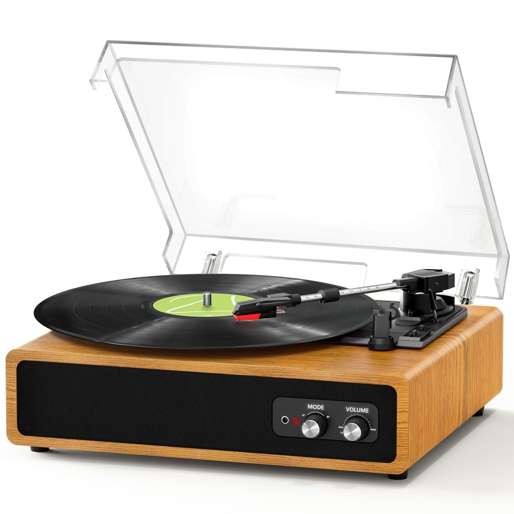 FYDEE Record Player, Dual-Way Bluetooth Vinyl Player Driven by Belt 3 Speed, Vinyl Record