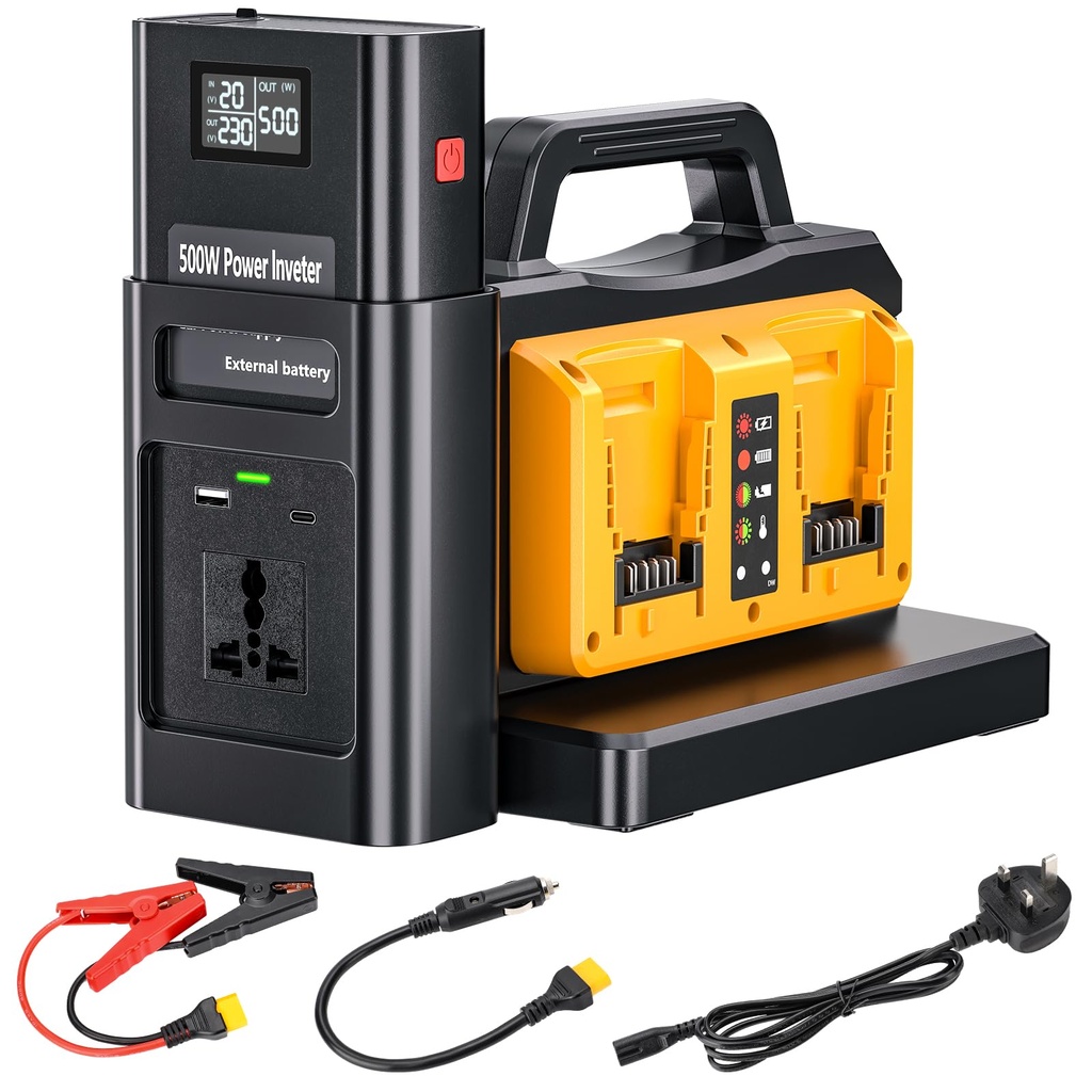 2-in-1 Portable Inverter Charger, 500W Pure Sine Wave Inverter & 4-Ports Charger