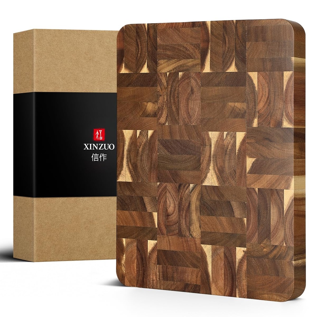 XINZUO Large Thick End Grain Acacia Wood Cutting Board -(16''L x 12''W x 1.6''T)-Dark Wood