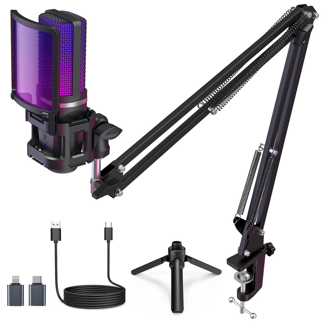 Zealsound USB Gaming Microphone Kit, RGB Condenser Mic for PC Mac iPhone w/Mute/Gain 