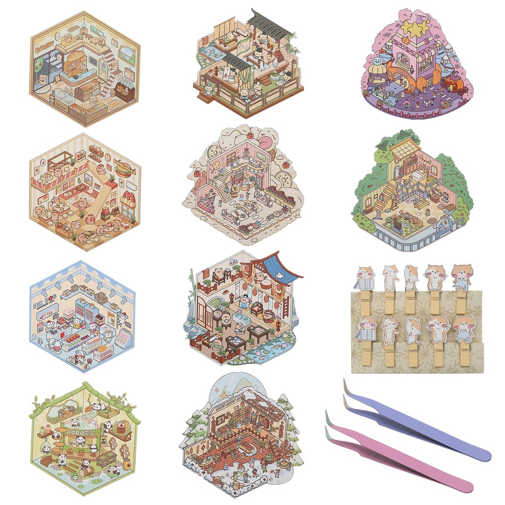 10 Sets 3D Sticker Scene, 3D House Stickers to Make Your Own Restaurant Coffee Shop Library