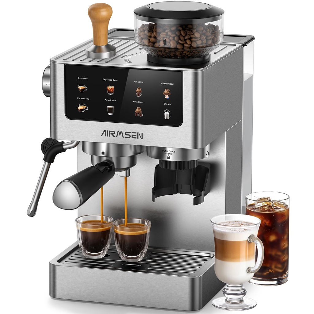 AIRMSEN Bean to Cup Coffee Machine - 20 Bar Espresso Machine with Grinder & Milk Frother, 1