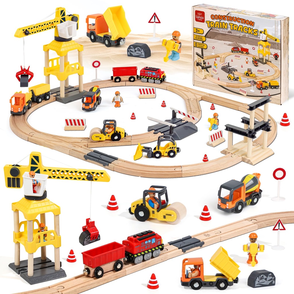 Lehoo Castle Toddler Construction Toys, 68PCS Engineering Wooden Train Set for Age 3 4 5 6