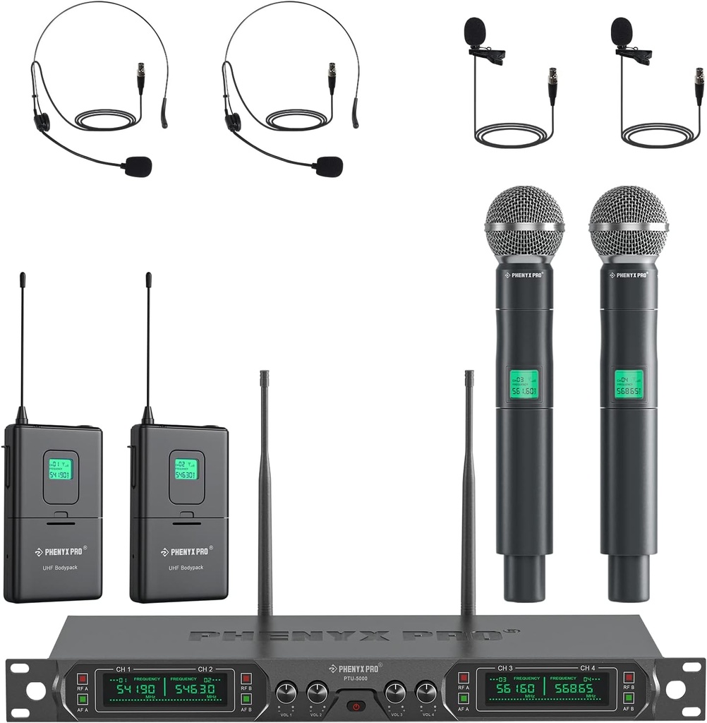 Phenyx Pro Wireless Microphone System, 4-Channel UHF Wireless Mic Set with Handheld/Bodypack