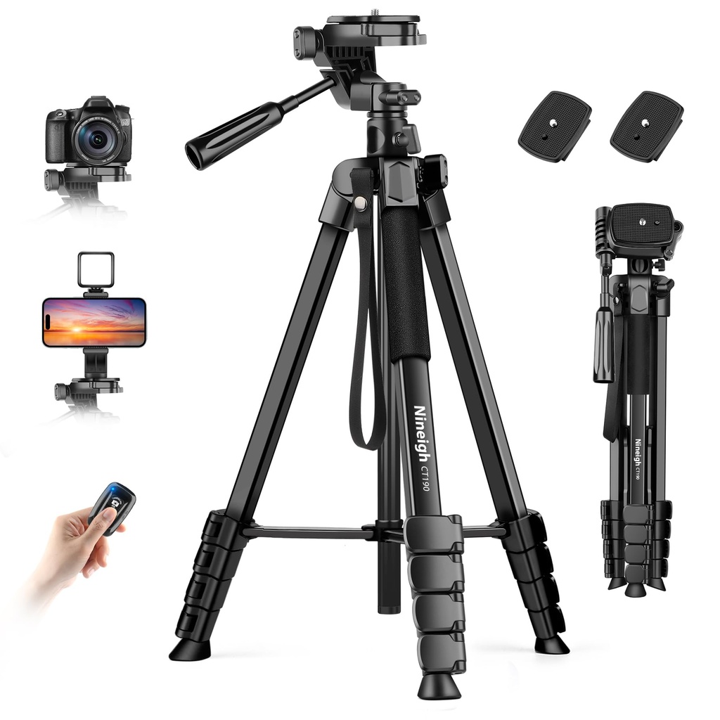 Nineigh Camera Phone Tripod, 75'' Lightweight DSLR Camera Stand with 3 Way Pan Head