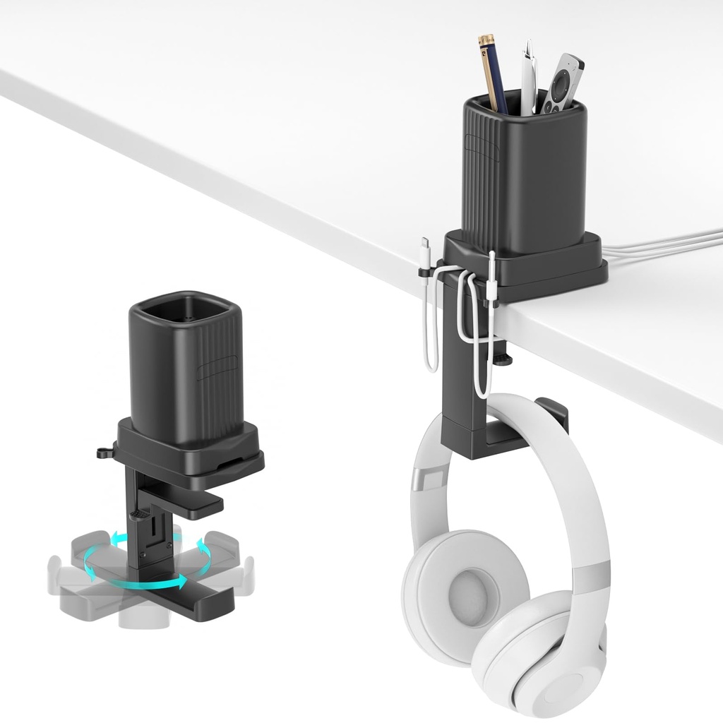 KDD Rotatable Headphone Holder with Cord Organizer - 3 in 1 Desk Clamp Pencil Holder & Head